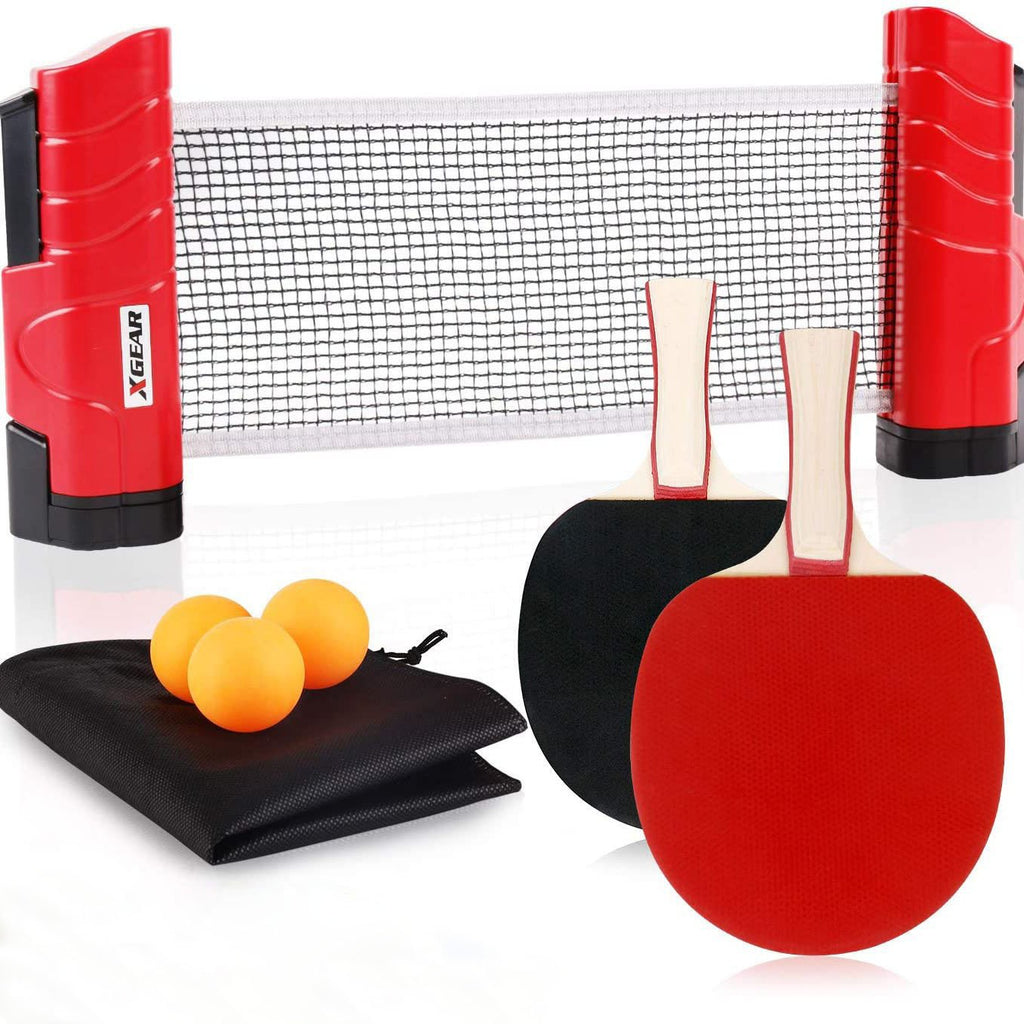 XGEAR Anywhere Ping Pong Equipment to-Go Includes Retractable Net Post, 2  Ping Pong Paddles, 3 pcs Balls, Attach to Any Table Surface